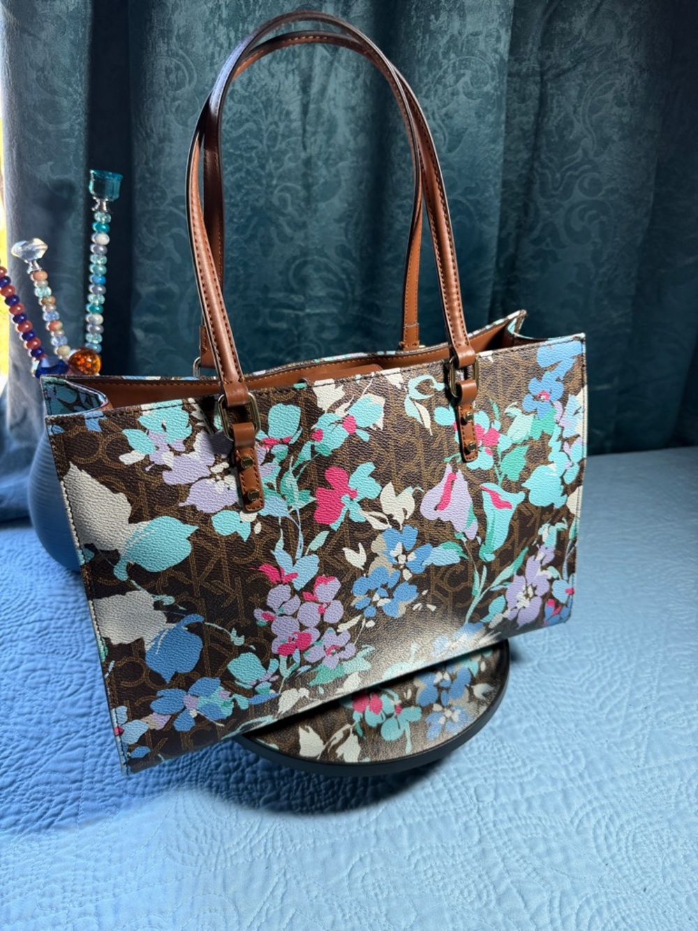 Calvin Klein Brown Floral Canvas Tote with Aqua and Light Blue Accents 13x9 - Picture 4 of 12
